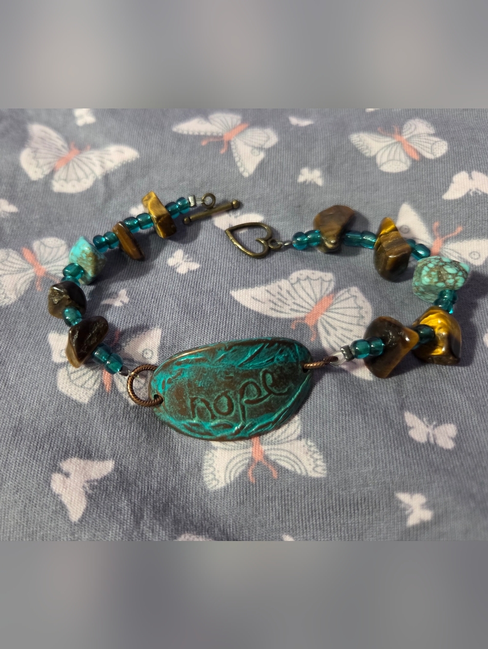 Teal Beaded Bracelet With HOPE Charm And Tigers Eye